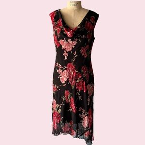 Vintage 90s Connected Red Black Floral Beaded Dress